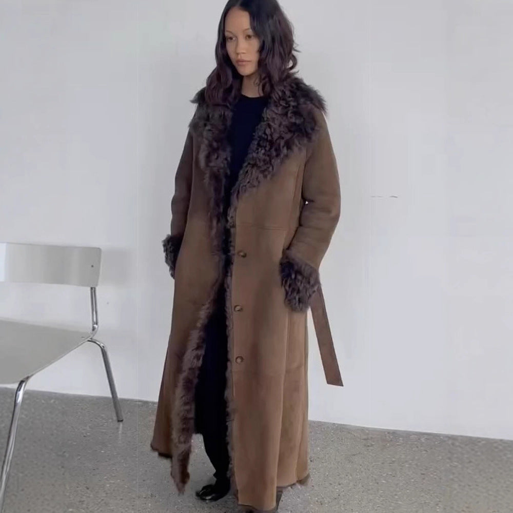 Women's Maxi-Length Faux Velvet Coat in Shearling Style with Shawl Collar and Button Placket Mune Fashion