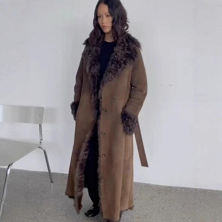 Women's Maxi-Length Faux Velvet Coat in Shearling Style with Shawl Collar and Button Placket Mune Fashion