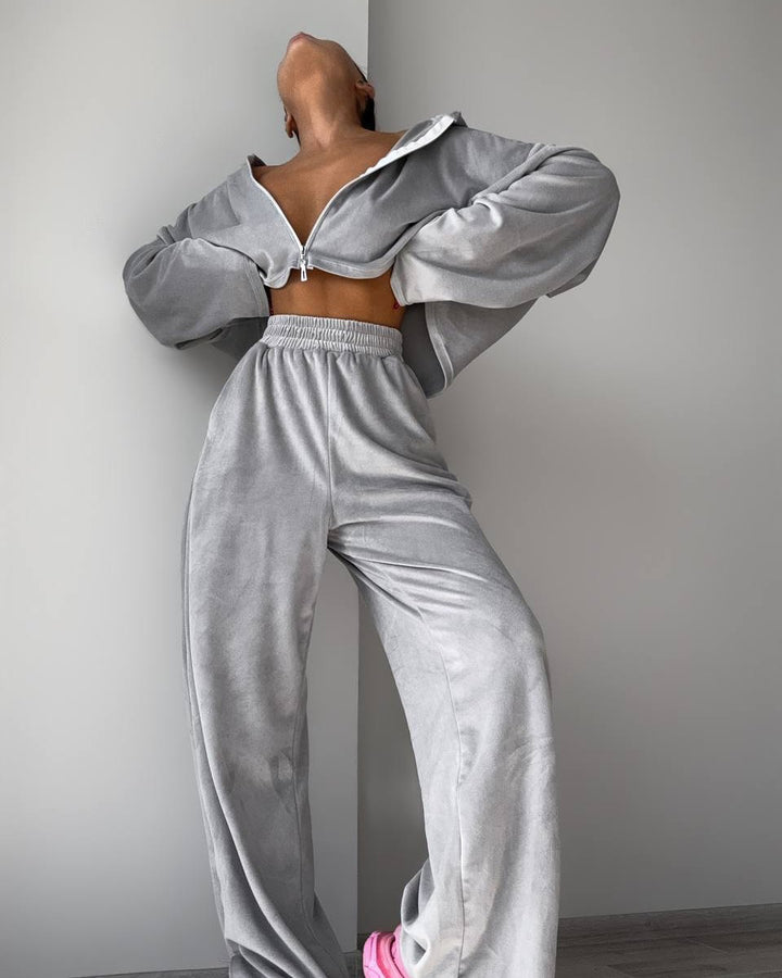Women Cropped Velvet Zip Hoodie with Flared Sleeves and Flowing High-Waist Lounge Pants Mune Fashion
