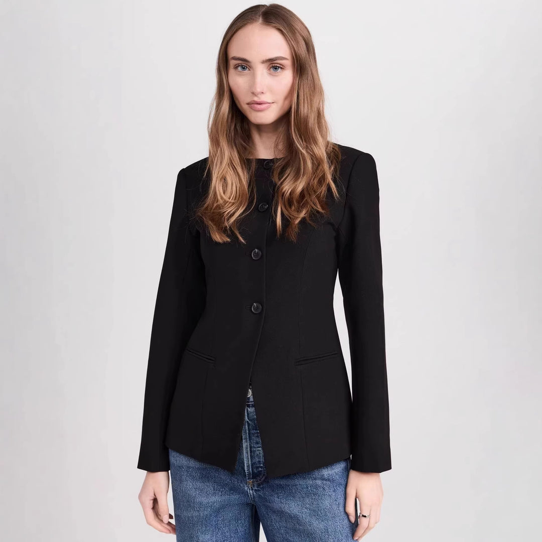 Women's Tailored Short Blazer with Round Neckline and Center Button Placket Mune Fashion
