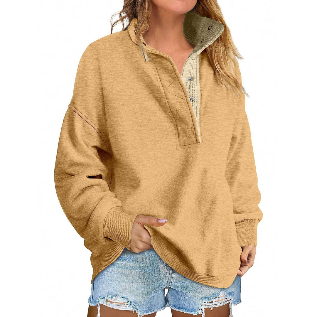 Women's Oversized Henley Sweatshirt with Stand-Up Collar and Snap Button Placket Mune Fashion