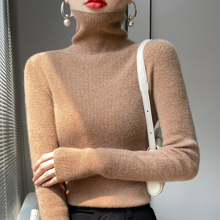 Women's Slim Roll Neck Sweater made of Cashmere Mix with Extra Long Sleeve Cuffs Mune Fashion