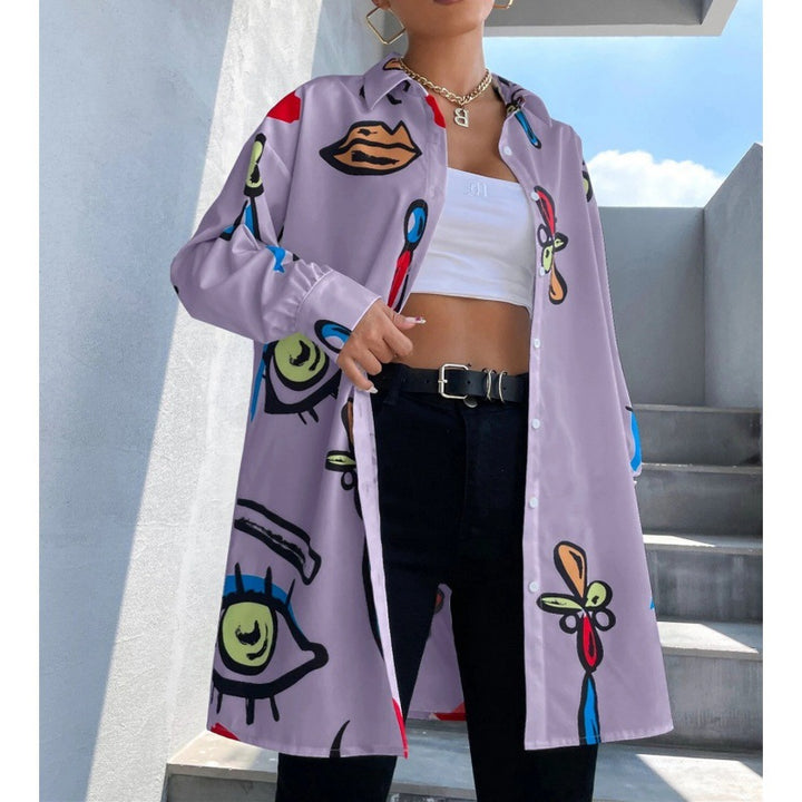 Women's Oversized Long Blouse with Pop Art Print, Shirt Collar and Continuous Button Placket Mune Fashion