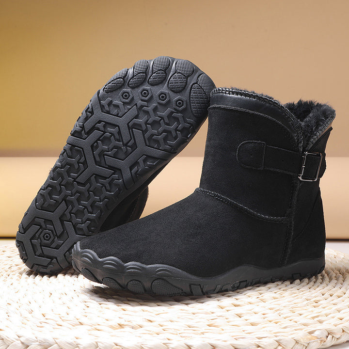 Women's winter ankle boots with faux fur lining, slip-resistant treaded sole, and adjustable buckle strap Mune Fashion