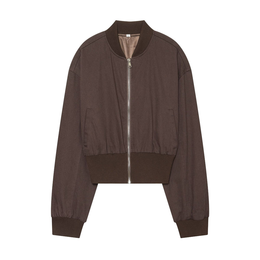 Women's Cropped Canvas Bomber Jacket with Elastic Rib Hem and Oversized Sleeves Mune Fashion
