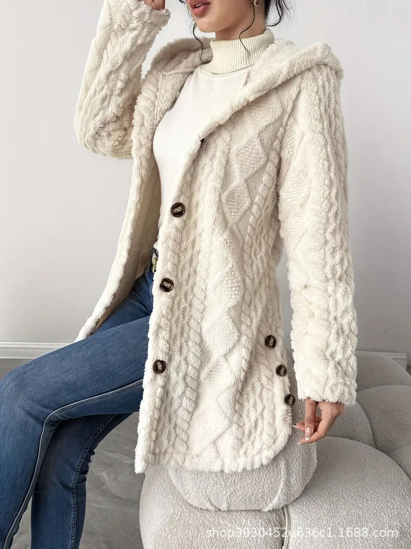 Women's Hooded Teddy Jacket with Button Placket and Structured Surface Mune Fashion