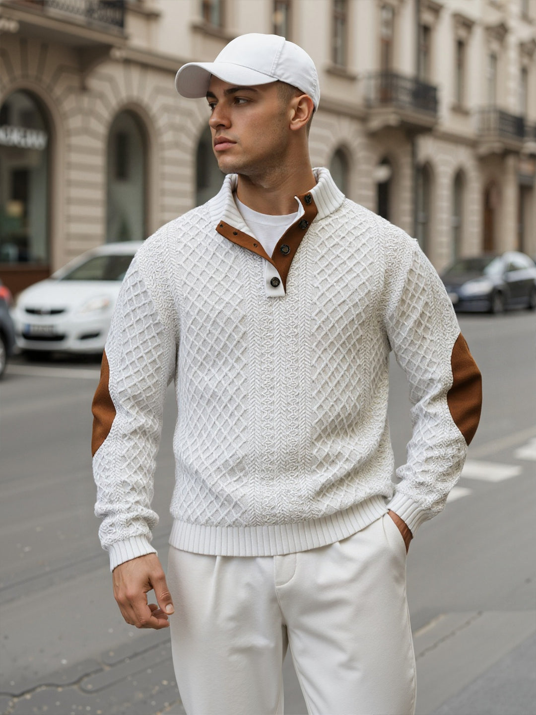 Men's troyer sweater with stand-up collar, structured knit look and contrast elbow patches Mune Fashion