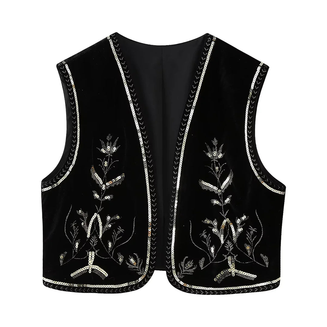 Ladies embroidered velvet vest with sequin embellishment, V-neck and tailored fit Mune Fashion