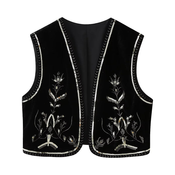 Ladies embroidered velvet vest with sequin embellishment, V-neck and tailored fit Mune Fashion
