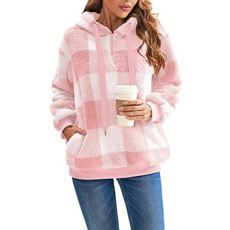 Women's Oversized Sherpa Hoodie in Check Pattern with Half Zipper and Kangaroo Pocket Mune Fashion