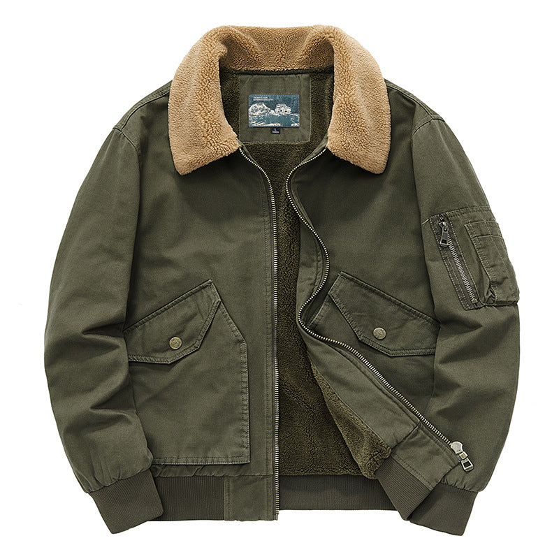 Men's  sherpa-lined cotton canvas aviator jacket with zip sleeve pocket Mune Fashion