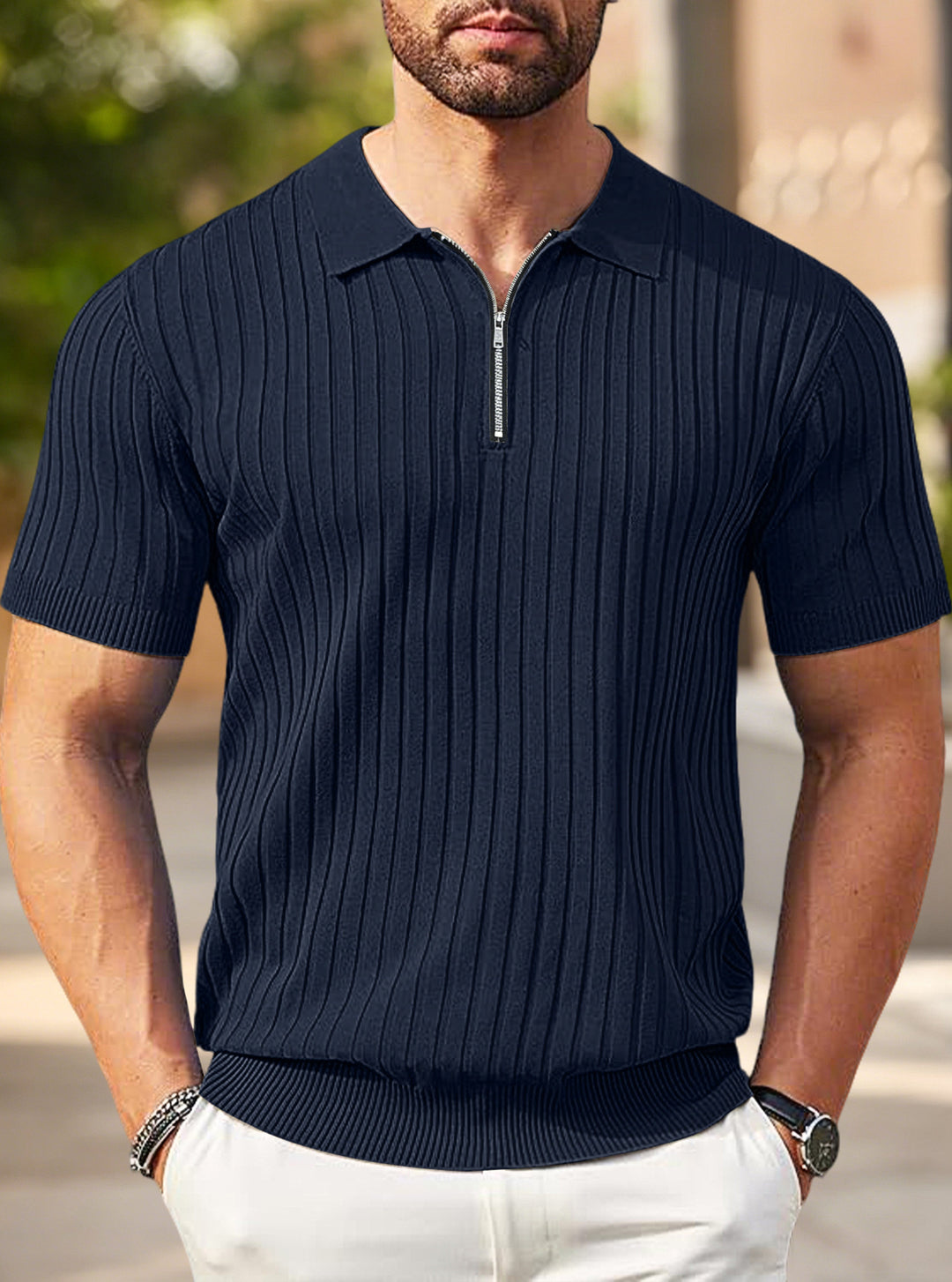 Men's elegant structured short sleeve knit polo with short metal zipper and shirt collar Mune Fashion