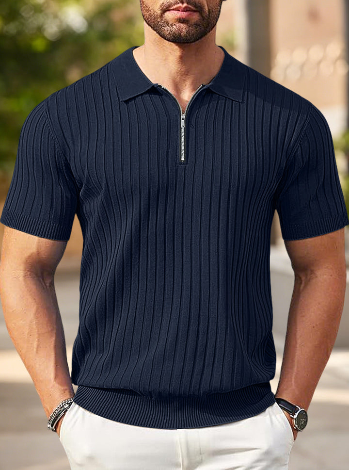 Men's elegant structured short sleeve knit polo with short metal zipper and shirt collar Mune Fashion