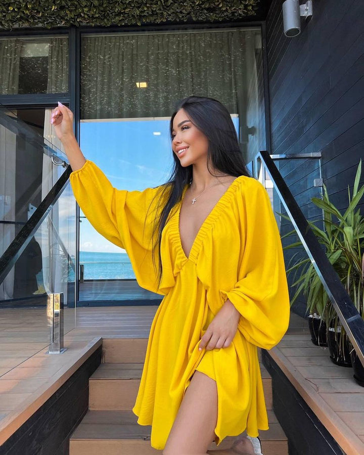 Women Loose Mini Dress with Deep V-Neck and Balloon Sleeves Mune Fashion
