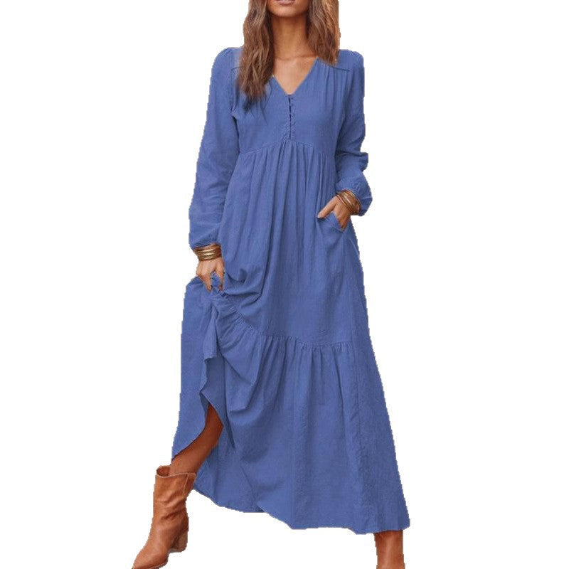 Ladies Long Tiered Dress made of Linen Blend with V-Neck and Side Pockets Mune Fashion