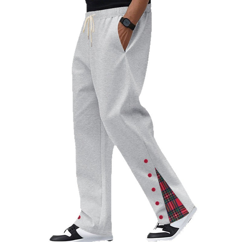 Men's Relaxed-Fit Jogging Pants with Check Side Panel, Snap Button Placket & Drawstring