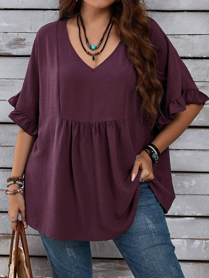 Women's Casual V-Neck Tunic with Gathered Empire Seam and Ruffle Sleeves Mune Fashion