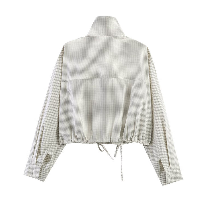 Women Cropped Checkered Lightweight Blouson Jacket with Stand Collar, Drawstring Hem and Concealed Button Placket Mune Fashion