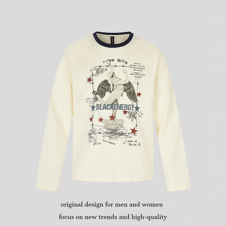 Women's long-sleeve shirt with vintage illustration, contrast collar and relaxed fit Mune Fashion