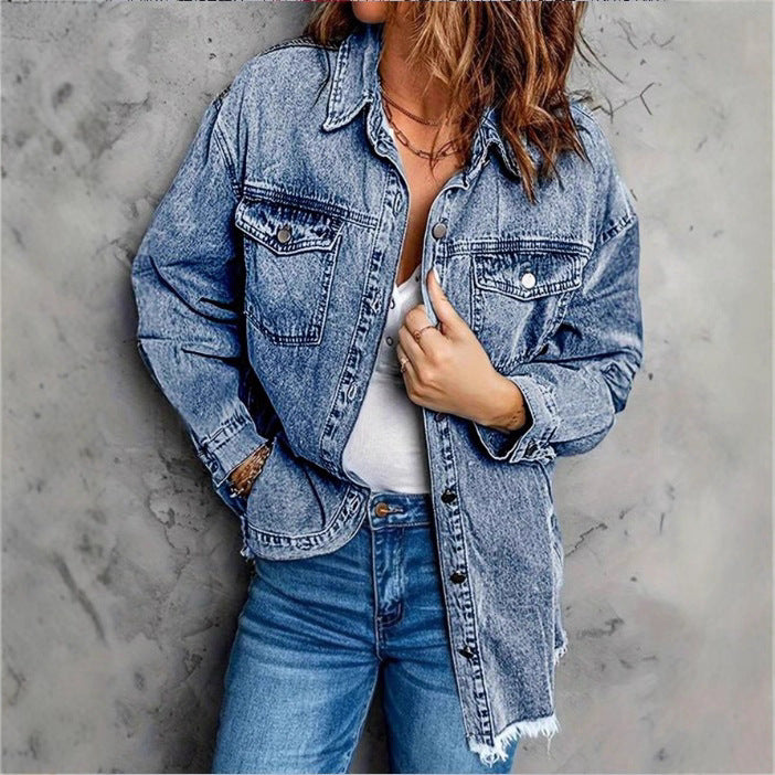 Women's Oversized Denim Jacket with Flap Pockets, Used Look and Raw Hem Mune Fashion