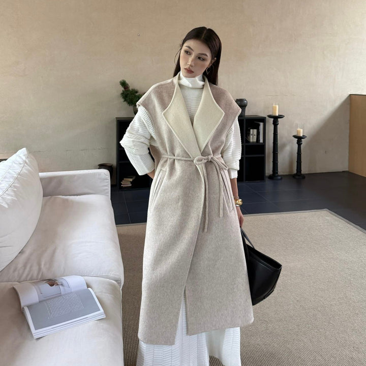 Women Maximal sleeveless wool coat with shawl collar and tie belt Mune Fashion