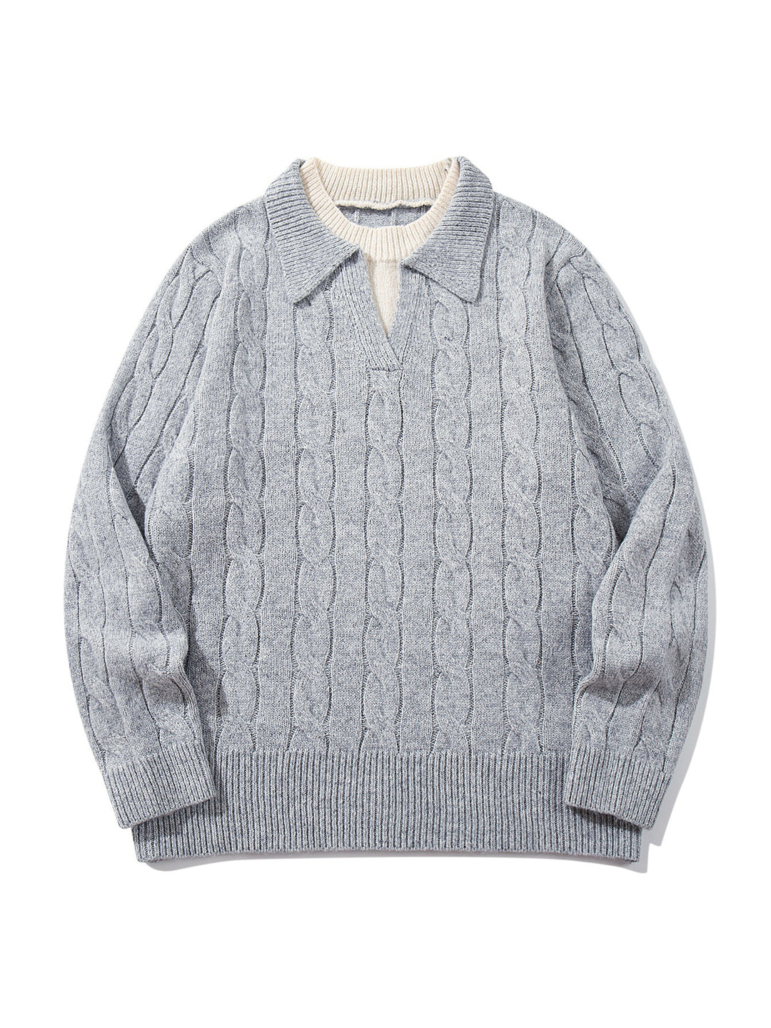 Unisex Structured Cable Knit Sweater with Polo Collar and Deep V-neck Mune Fashion