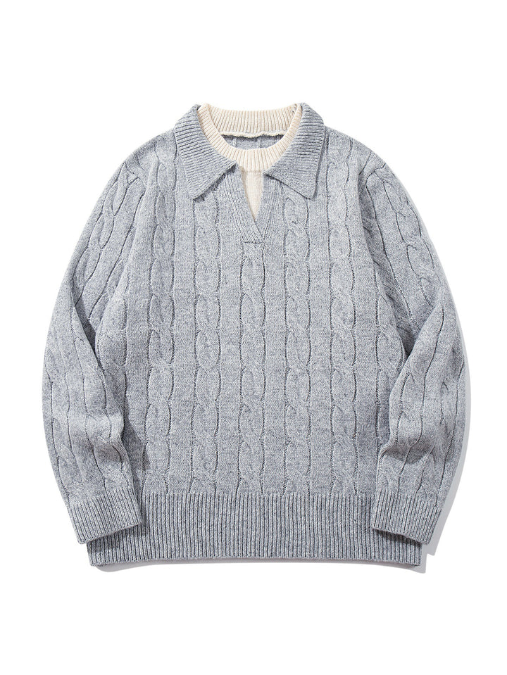 Unisex Structured Cable Knit Sweater with Polo Collar and Deep V-neck Mune Fashion