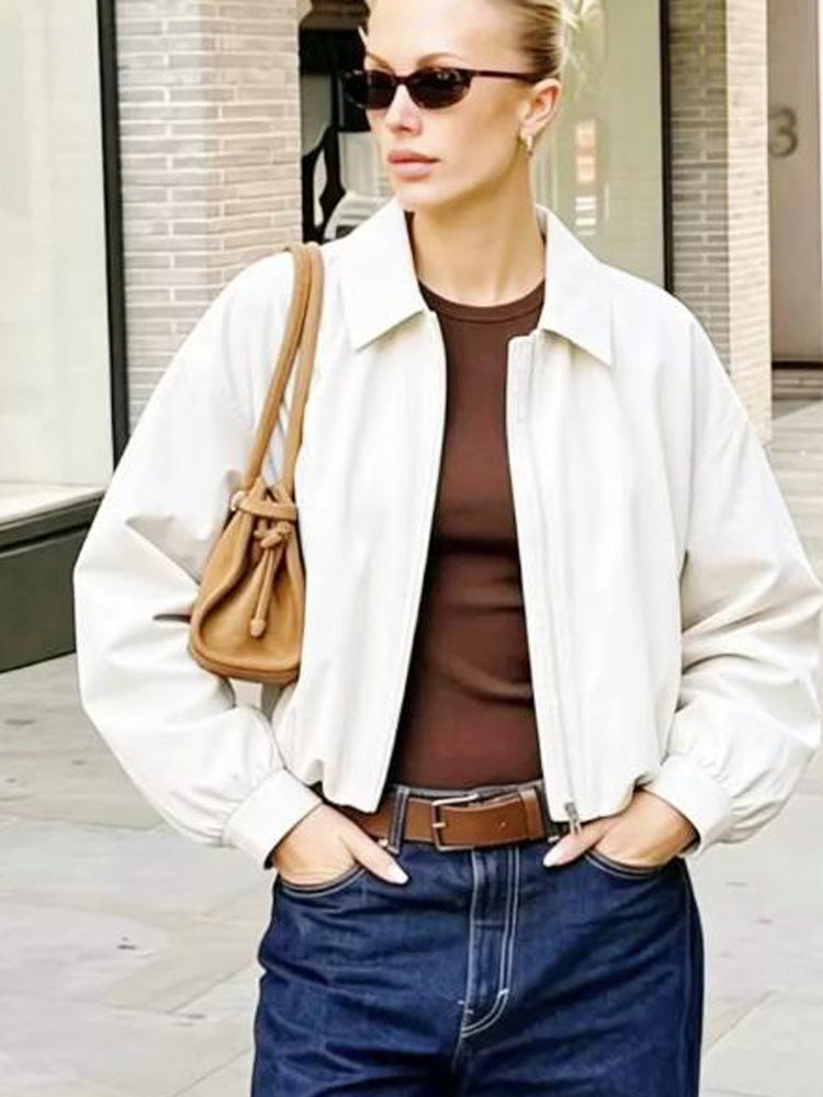 Women's Short Boxy Shirt Jacket with Zipper and Elastic Hem Mune Fashion