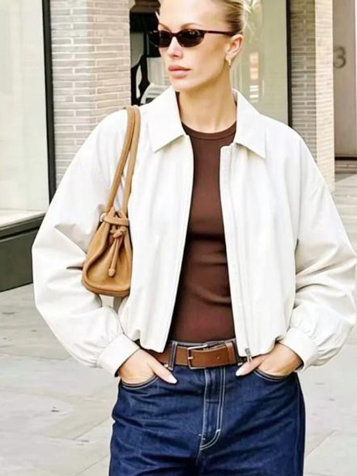Women's Short Boxy Shirt Jacket with Zipper and Elastic Hem Mune Fashion
