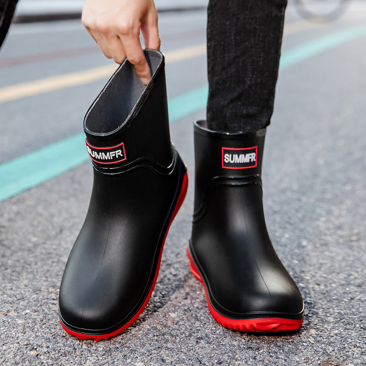 Women Short Shaft Rain Boots with Adjustable Drawstring and Reflective Hem Mune Fashion