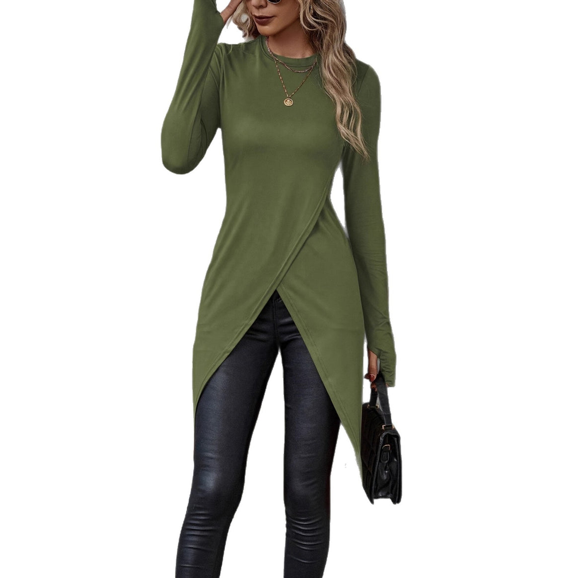 Women Asymmetrical Long Sleeve Tunic with Wrap Hem Mune Fashion