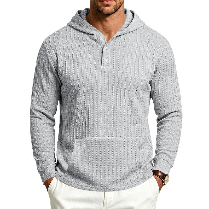 Men's Structured Hooded Henley Sweater with Kangaroo Pocket and Cable Knit Mune Fashion