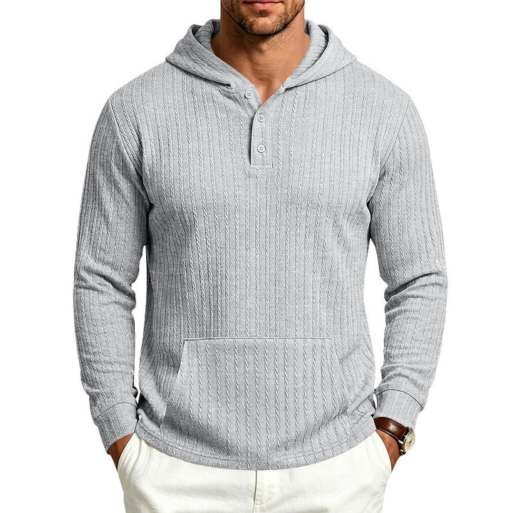 Men's Structured Hooded Henley Sweater with Kangaroo Pocket and Cable Knit Mune Fashion