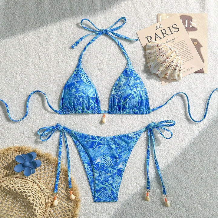Women's triangle bikini with tropical pattern and playful ties Mune Fashion