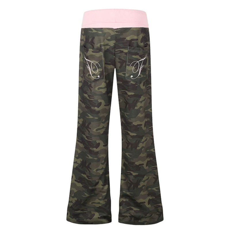 Women's Palazzo lounge pants with high rolled waistband, drawstring, and camouflage pattern Mune Fashion