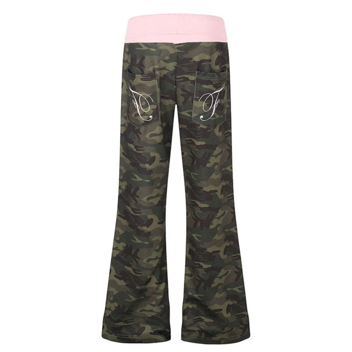 Women's Palazzo lounge pants with high rolled waistband, drawstring, and camouflage pattern Mune Fashion