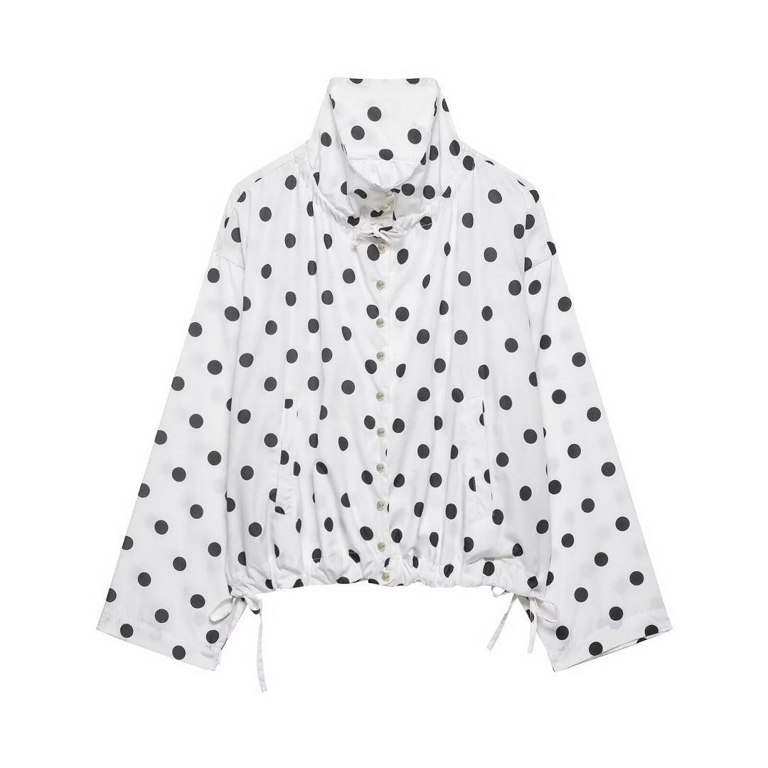 Women's short jacket in rain parka style with stand-up collar, drawstring and polka dot print Mune Fashion