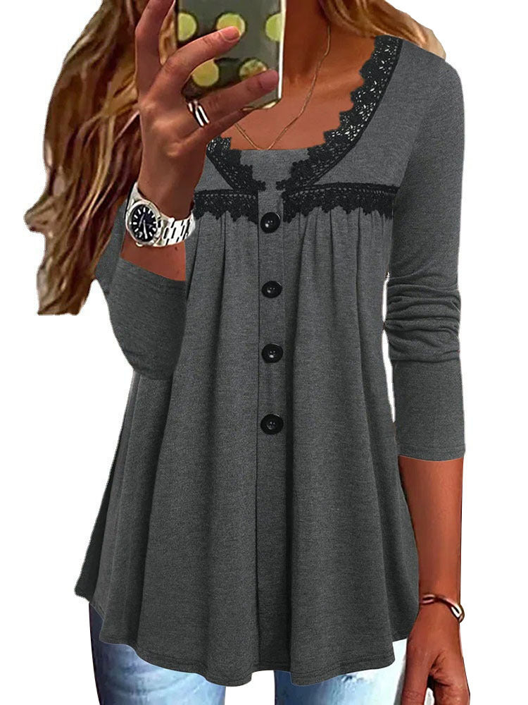 Women's A-line tunic shirt with button placket, lace yoke insert, and gathered empire seam