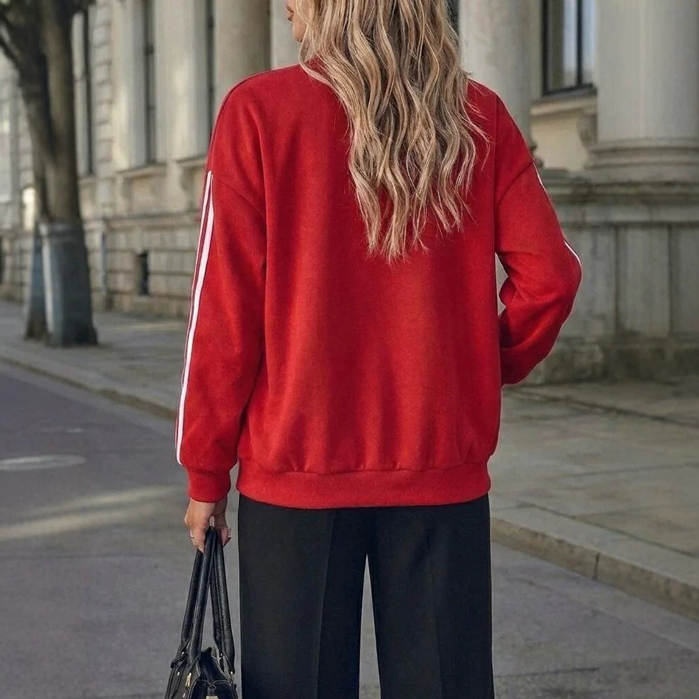 Women Oversized College Jacket with Snap Button Placket and Contrasting Stripe Sleeves Drune