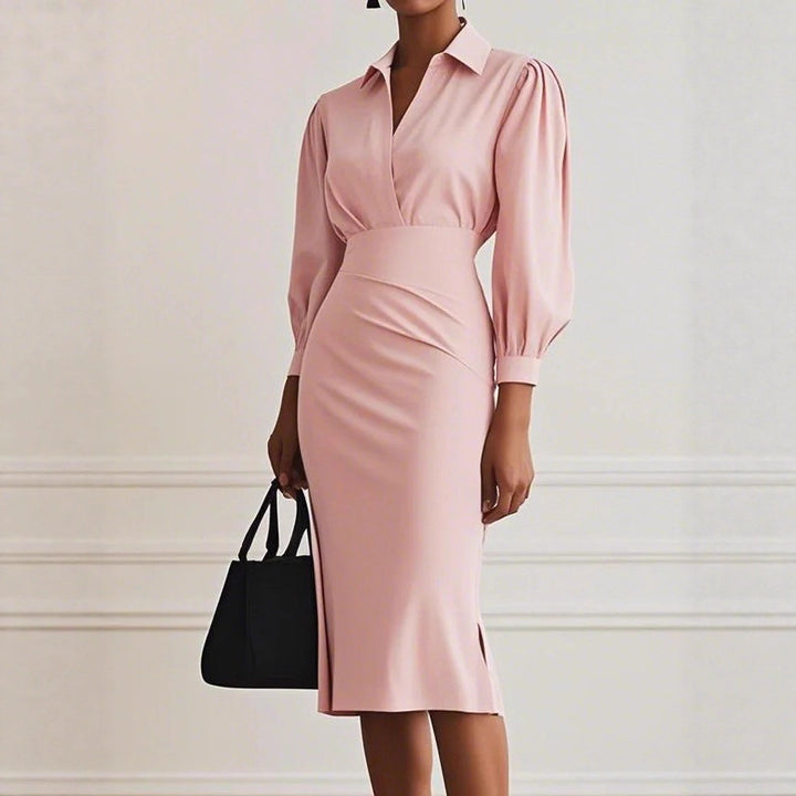 Women's Shirt Blouse Dress with V-Wrap, Puff Sleeves and Tailored Midi Length Mune Fashion