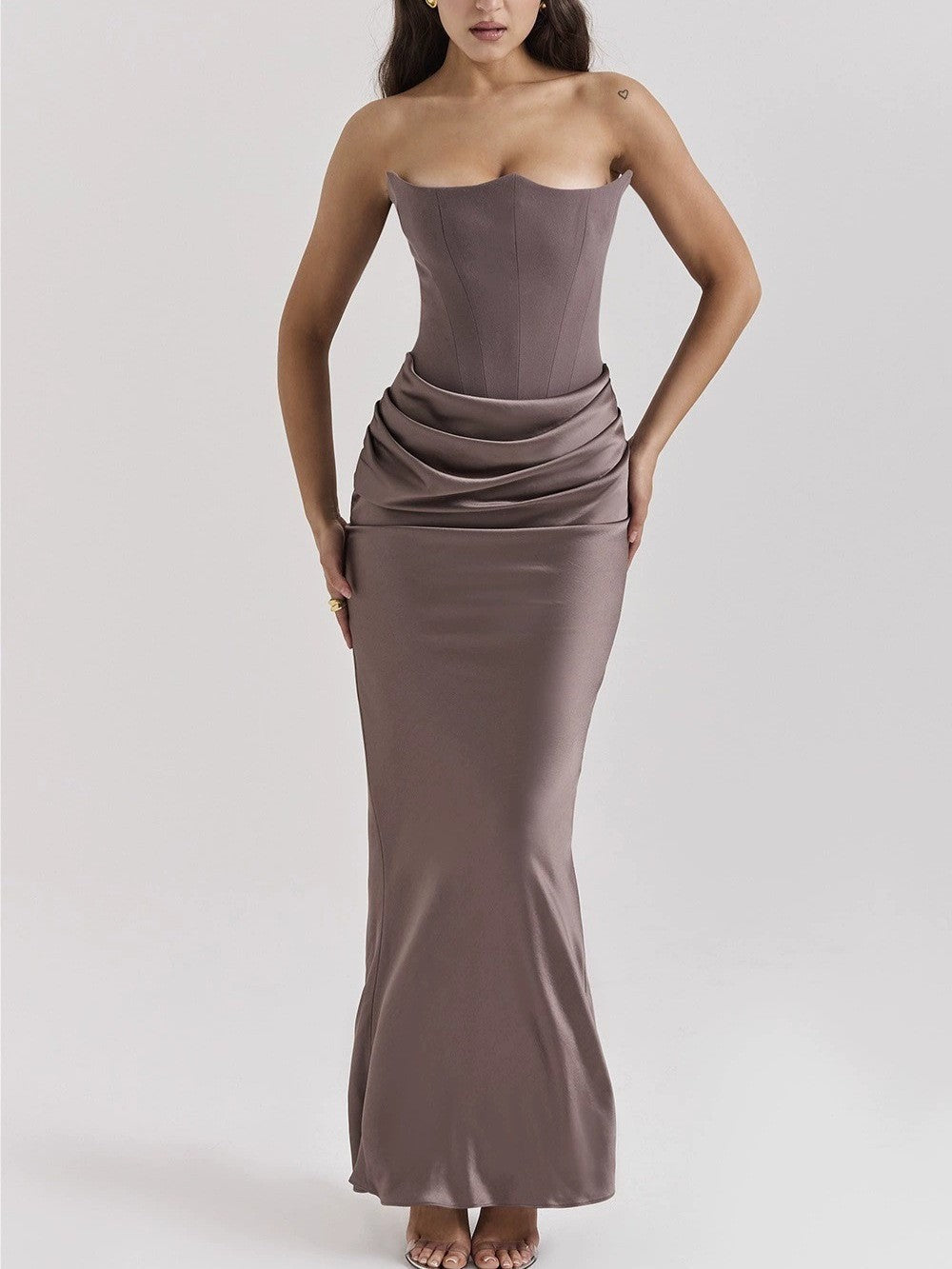 Women's strapless corset evening dress with contoured bodice construction and elegant hip draping Mune Fashion