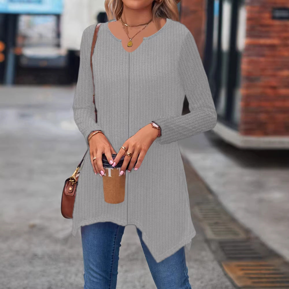 Women's Ribbed Long Sleeve Tunic Top with Asymmetrical Hem Mune Fashion