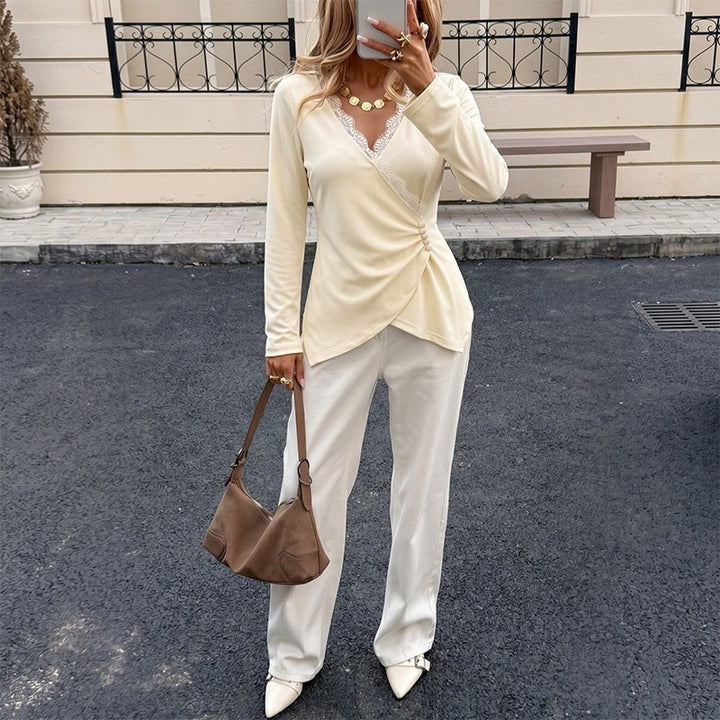 Women Elegant Wrap Blouse with Lace Details Mune Fashion