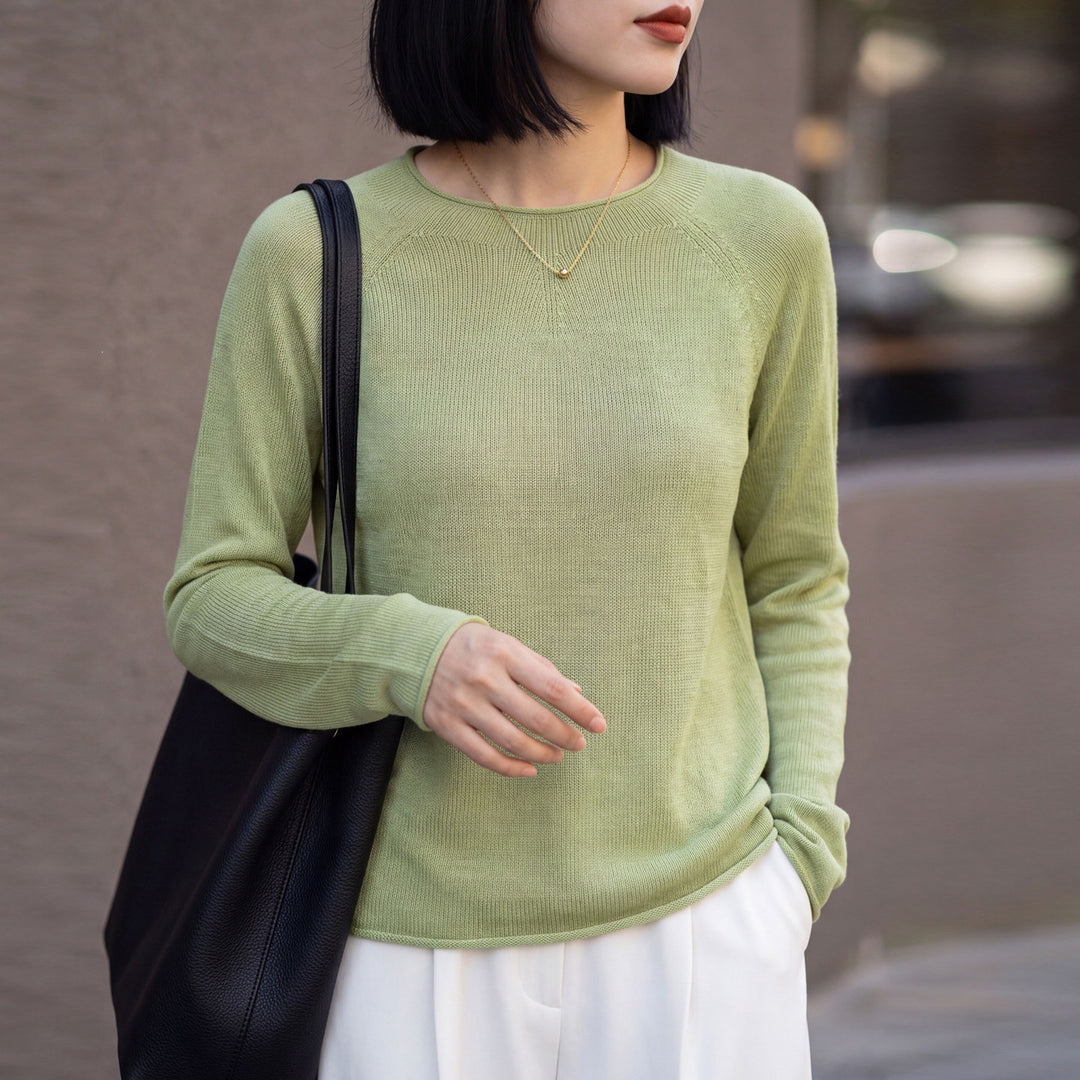 Women Light Round Neck Sweater in Cashmere Look with Raglan Sleeves Mune Fashion