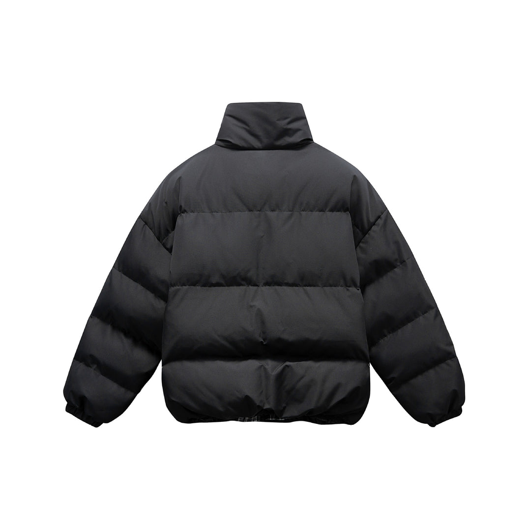 Unisex short boxy padded insulation jacket with extra high stand-up collar and checked lining Mune Fashion