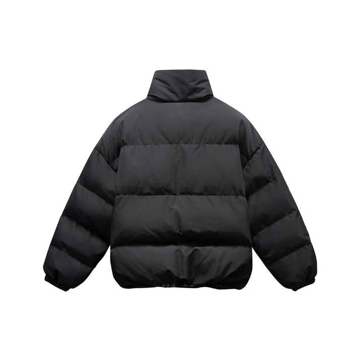 Unisex short boxy padded insulation jacket with extra high stand-up collar and checked lining Mune Fashion