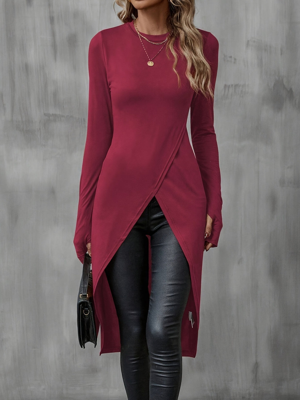 Women Asymmetrical Long Sleeve Tunic with Wrap Hem Mune Fashion