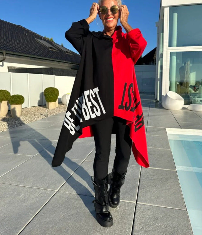 Women’s long-cut hooded poncho with asymmetric pointed hem and large statement print Mune Fashion