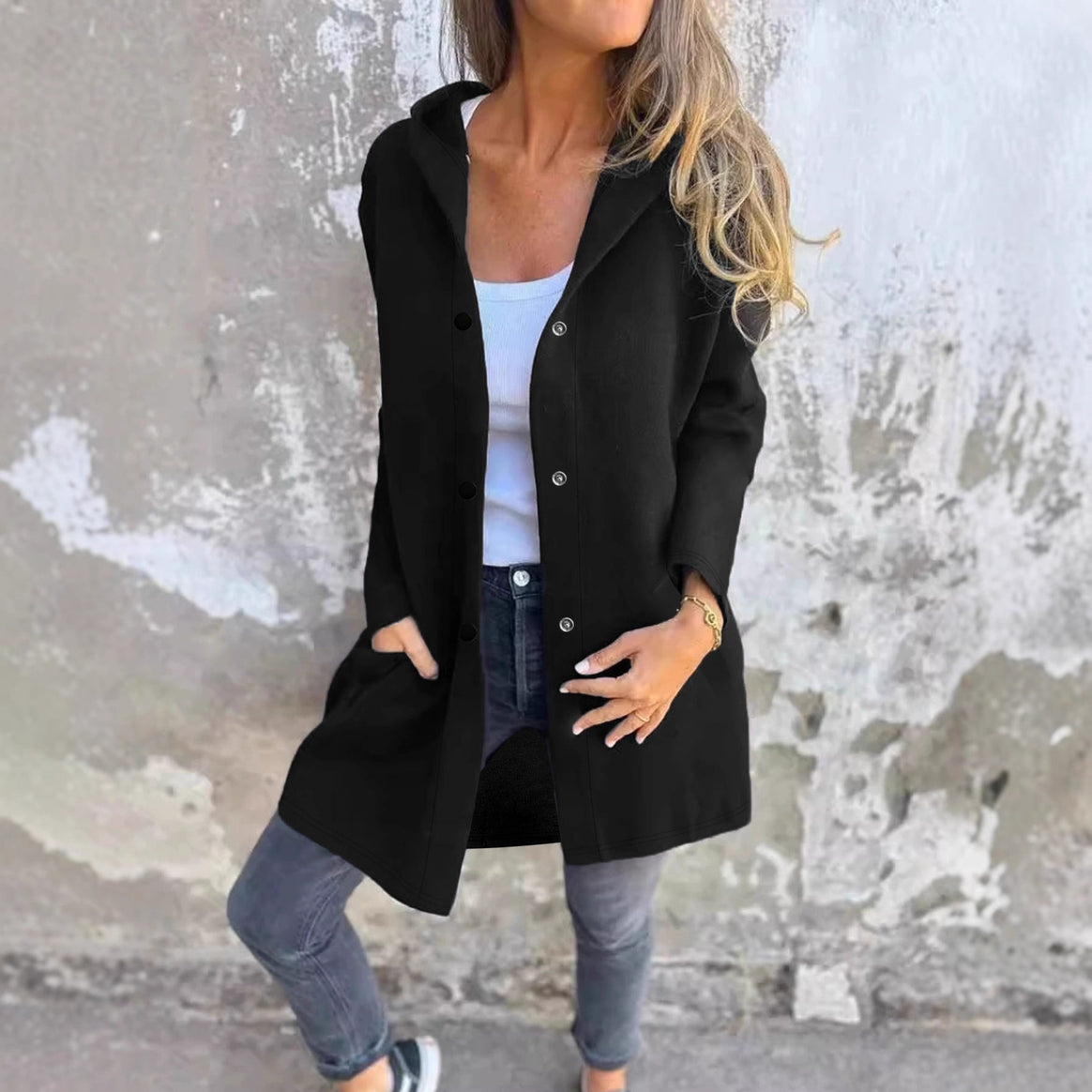 Women's Long Hooded Cardigan with Snap Button Placket, Side Pockets and Relaxed Silhouette Drune
