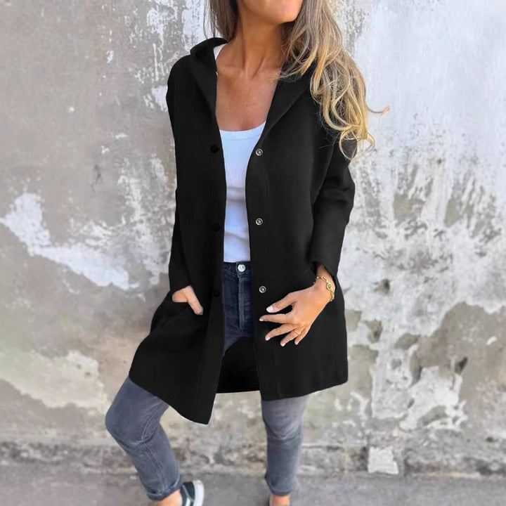 Women's Long Hooded Cardigan with Snap Button Placket, Side Pockets and Relaxed Silhouette Drune